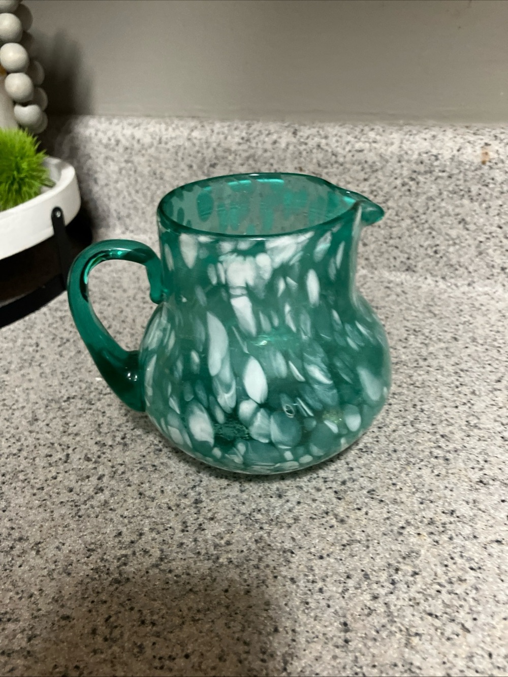 Vintage Green and White Handblown Glass Pitcher
